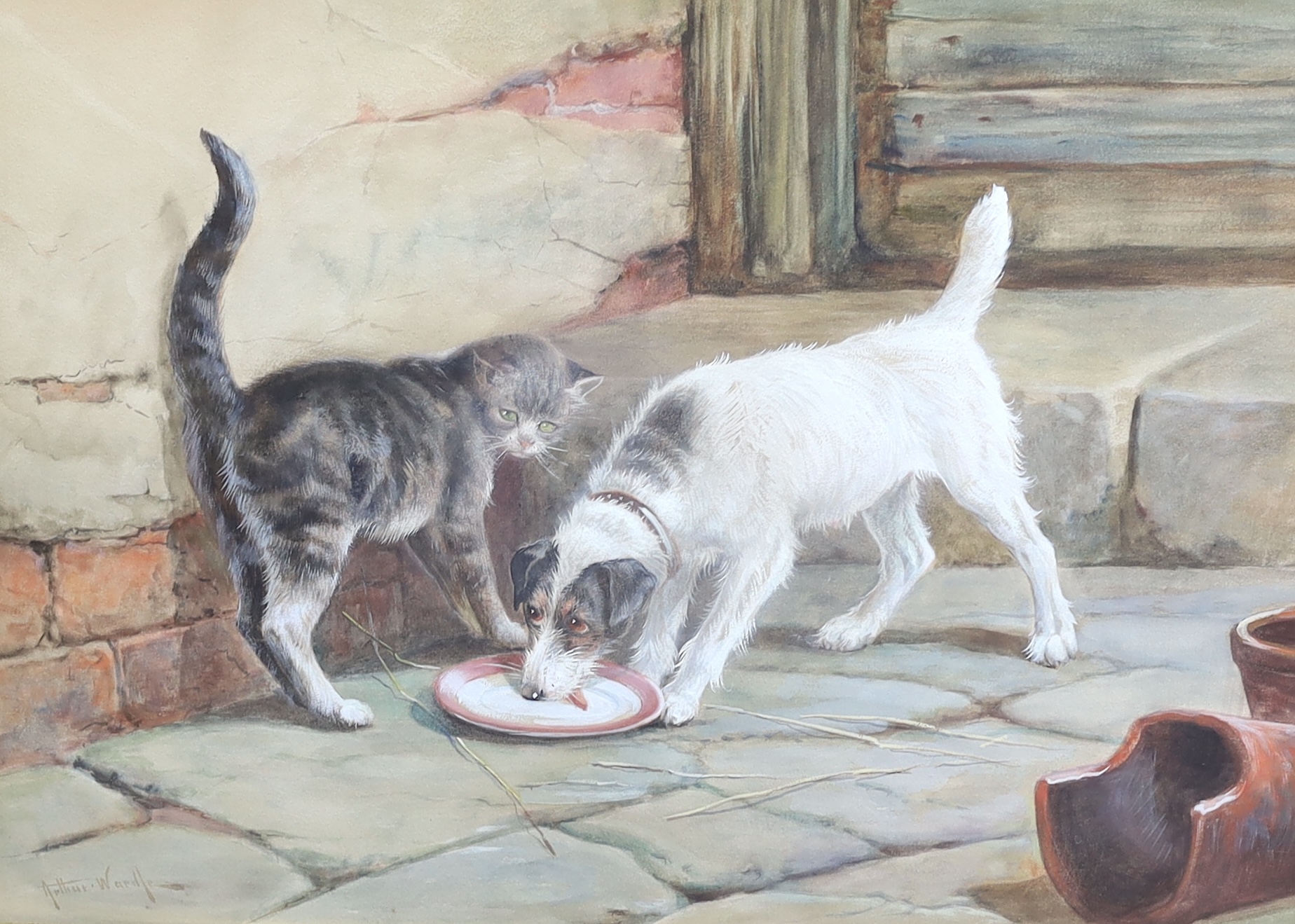 Arthur Wardle (British, 1864-1949), Terrier and cat beside a plate of milk, watercolour, 47 x 65cm